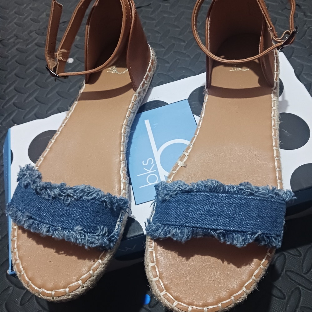 NEW Bakers Women Denim Blue & Brown Open Toe Strap Flat Sandals